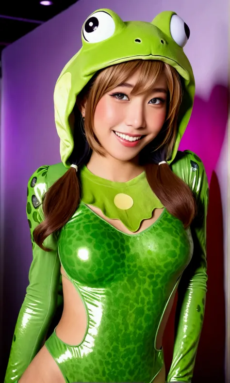 a cute yuna (age 25, sexy frog costume), laughing and seductive at a sexy lesbian costume party, Halloween lesbian love, hevy lesbian romance, show yunas entire body head to toe
