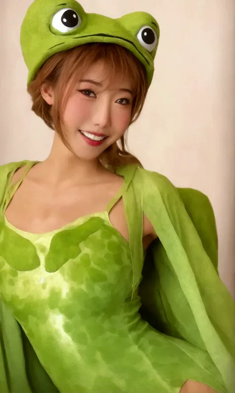 a cute yuna (age 25, sexy frog costume), laughing and seductive at a sexy lesbian costume party, Halloween lesbian love, hevy lesbian romance, show yunas entire body head to toe
