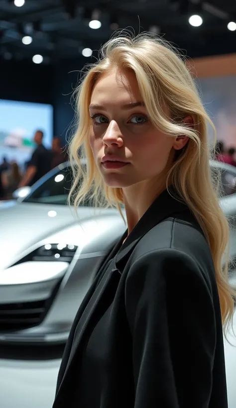 ((HD real photos))(( Porsche logo)) ((The model’s facial features are delicate and clear and maintain eye contact))Porsche&#39;s latest concept car at famous car show.Tall and hot blonde car show model.