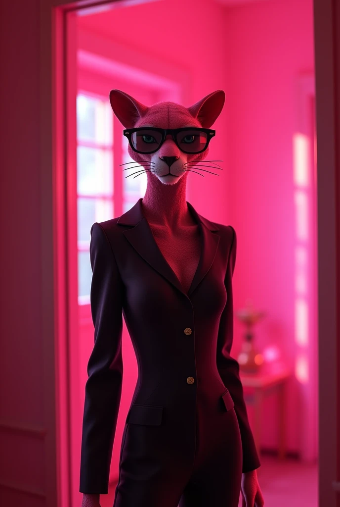 Pink Panther as a real person, 80s theme, dark fantasy. Standing in pink house, wearing black classic glasses. 