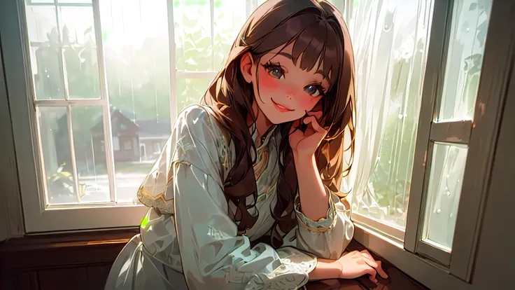 (a smiling very cute girl looking out the window from inside the house:1.4), high quality, HDR, 8k, intricate details, beautiful detailed eyes, beautiful detailed lips, extremely detailed face, long eyelashes, warm lighting, cozy atmosphere, rainy day, pea...