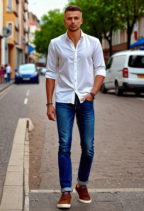 Still photo of a man in white blouse shirt, blue jeans and brown sneakers, standing on the street, very realistic photo, 4k, high detail face, legs, hands, meaningful view, bokeh(1.2), blurry(0.8)