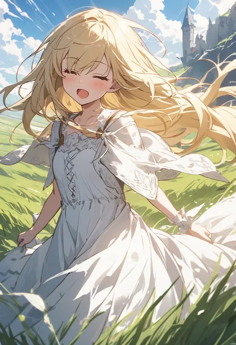 Girl Blonde Long Hair,Close your eyes and sing,Vast grassland, sunny weather, strong winds,Pure white dress,Medieval Fantasy