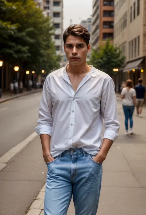 Still photo of a man in white blouse shirt, blue jeans and brown sneakers, standing on the street, very realistic photo, 4k, high detail face, legs, hands, meaningful view, bokeh(1.2), blurry(0.8)