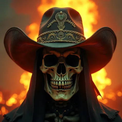 Skeleton head wearing a fancy cowboy hat, POV, Backlighting, Lens Flare, Masterpiece, Accurate, Best Quality, Anatomically Correct, gothic, fiery backgound, hyper realistic