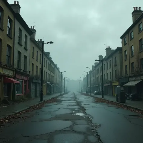 deserted post-apocalyptic street in Oxford, cracked sidewalk, gloomy autumn, dilapidated buildings, cloudy sky, puddles, gloomy atmosphere, muted color palette, spectacular lighting, cinematic composition, realistic rendering, detailed environment, high qu...