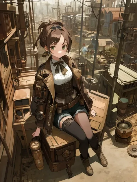 ​masterpiece, top-quality, 1girl in, The upper part of the body, History reference: Steampunk future、country: Scraptown、hairstyle on: Wear goggles upstyle、garments: Steampunk style jackets and corsets、shoe: Retro boots、accessorized: Scrap Metal Earrings、An...