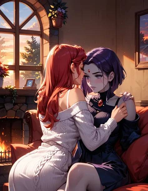 score_9, score_8_up, score_7_up, private mountain lodge, 2girls, duo, couple, yuri, stunningly beautiful women, (Raven from Teen Titans, short hair:1.2), and (Starfire from Teen Titans, long hair:1.3), wearing cozy sweater dresses, in love, romantic moment...