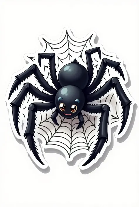 
"Create a single, detailed sticker of a spider with a realistic yet slightly cartoonish appearance. The spider should have eight legs with a smooth, shiny black body, expressive eyes, and intricate web patterns around it. The overall design should feel ap...