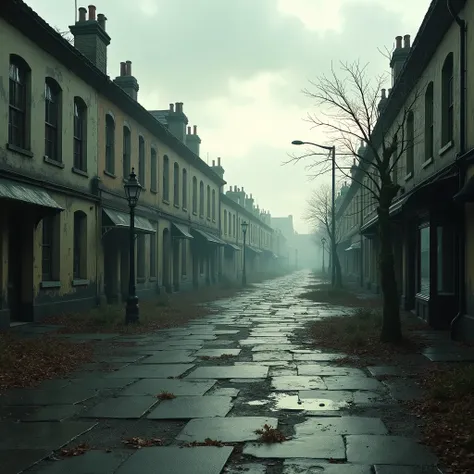 deserted post-apocalyptic street in Oxford, cracked sidewalk, gloomy autumn, dilapidated buildings, cloudy sky, puddles, gloomy atmosphere, muted color palette, spectacular lighting, cinematic composition, realistic rendering, detailed environment, high qu...