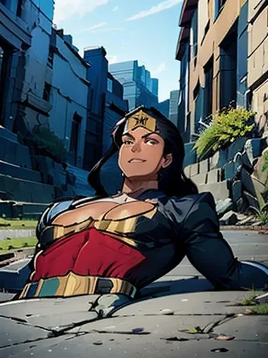 back alley, wonder woman costume, handsome and cool young boy, 20s, defeated pose, lying on back, looking in pain, erect