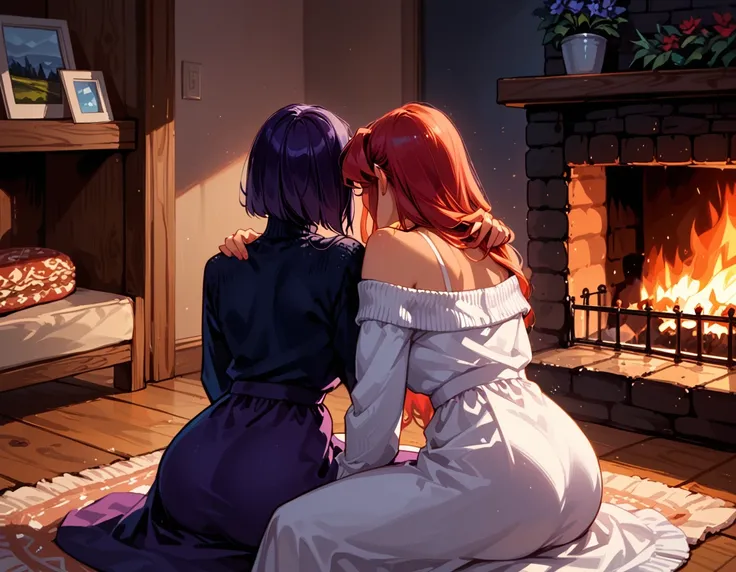 score_9, score_8_up, score_7_up, private mountain lodge, 2girls, duo, couple, yuri, stunningly beautiful women, (Raven from Teen Titans, short hair:1.2), and (Starfire from Teen Titans, long hair:1.3), wearing cozy sweater dresses, in love, romantic moment...