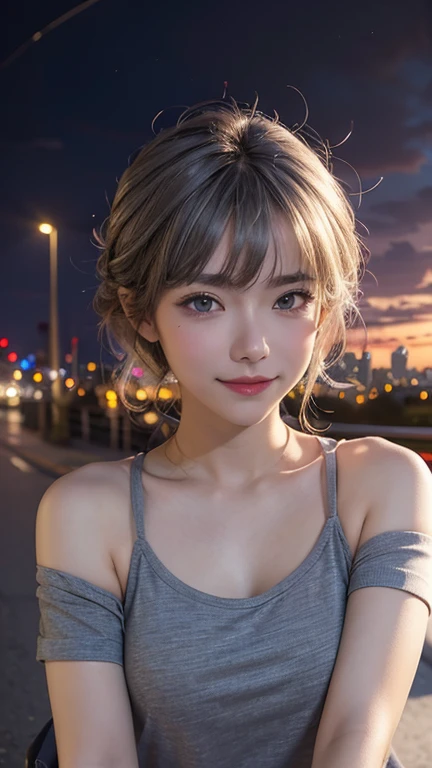 One Girl, Fisheye Lens, Selfie, wind, Disheveled Hair, sunset, Cityscape, (Aesthetics and atmosphere:1.2), Gray Hair,smile, Movie Girl, Short top shirt, Opened my chest wide, Best Quality, Super Fine, 16k, Incredible high resolution and highly detailed, Be...