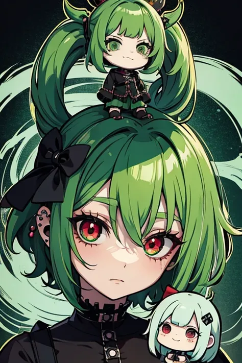 a friendly cursed doll with green hair, piercing and frightening look, chibi style, dark background