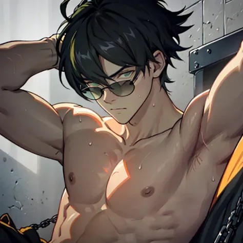 ((Delicate details)), Best Shadow,Cinema Lighting,Best Quality,((Very detailed))　masterpiece　Embarrassing　Black Hair　Emerald Hair　Black Eye　Green Eyes　Wearing sunglasses　Get wet　Big Eyes　maleのタイツは破れていた　Upper body naked　Sweating　Delicate body　High chroma　ma...