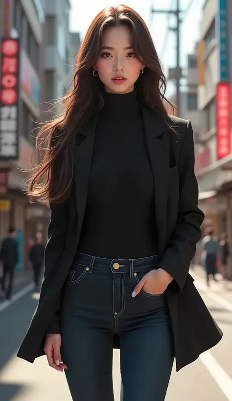 Japanese、Beautiful woman in her 30s，Shortcuts、Brown Hair，Streetscape，Full body Ezbian，Long legs，Beautiful body structure cover，Ultra-detailed drawings， Amazingly realistic photos，Incredibly graceful pose, A goddess-like presence，Office Lady、【Black tailored...