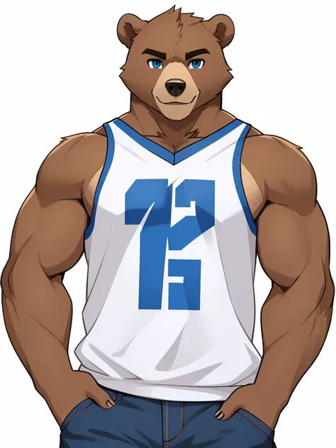 (masterpiece, 4k, ultra detailed) a bear furry, masculine, athletic, short hair, soft smile, white background, smooth lining, sm...