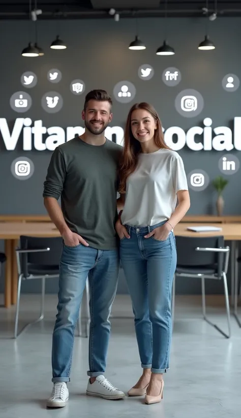 Background an office with the word "vitaminasocial" Large letters very visible, and a subtitle "social media management platform". The matte light grey polished concrete floor. The background of the cover are logos of social networks that show their follow...