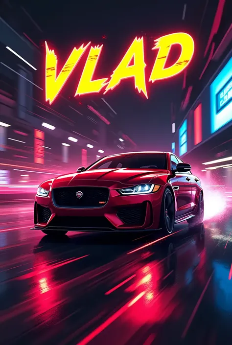 yellow logo, Vlad game logo, Jaguar XE car, dark red car, VHS style, motion lights, retro style, synthwave, neon, dynamic composition, bold colors, abstract, vector art