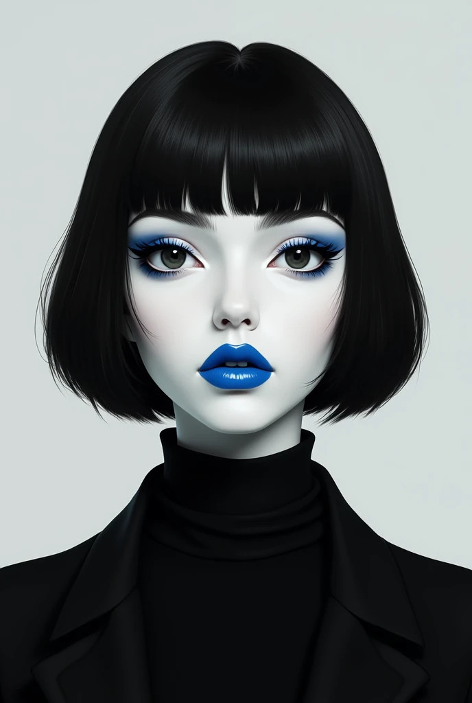 The following features can be seen in this image:.

 - It depicts the face of a woman with short black hair in a bob hairstyle.
 - Blue eyeliner is applied around the eyes, emphasizing the large eyes.
 - The lips are painted with blue lip color.
 - The ski...