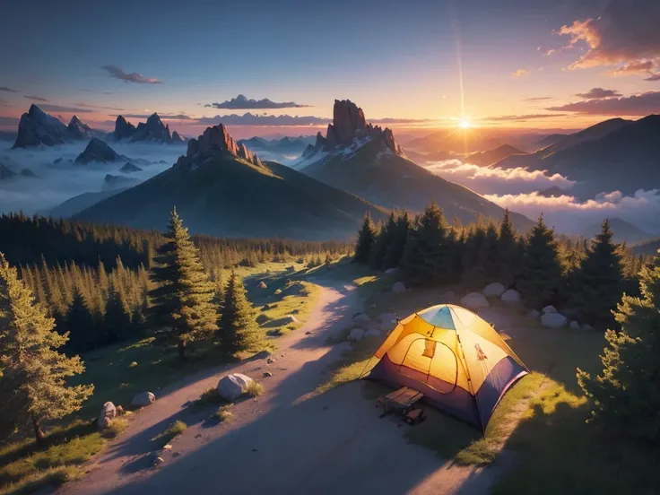 masterpiece, Best Quality, (Highly detailed CG Unity 8K wallpaper), (Best Quality), (Best illustrations),(Pyroxinium Diffusion Style:0.5), Camping on the mountain top，tent,cloud，sunrise，From above，Drone aerial photography