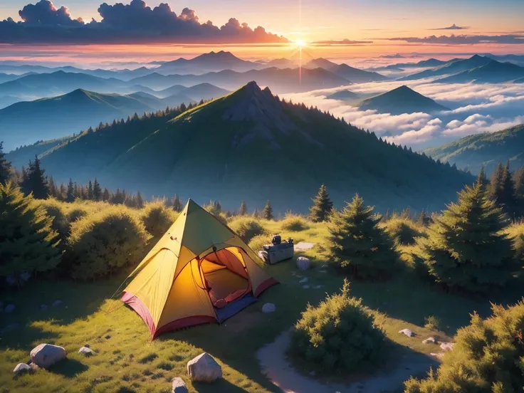 masterpiece, Best Quality, (Highly detailed CG Unity 8K wallpaper), (Best Quality), (Best illustrations),(Pyroxinium Diffusion Style:0.5), Camping on the mountain top，tent,cloud，sunrise，From above，Drone aerial photography