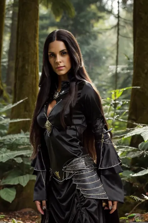 female dark elf, long straight hair, ultra detailed face and eyes, hyperrealistic, realistic depiction, 30 years old, standing in a forest, pretty face