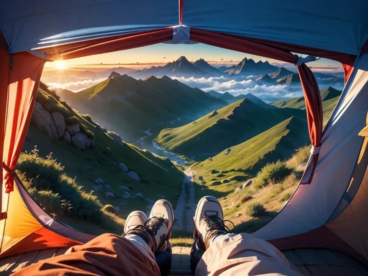 masterpiece, Best Quality, (Highly detailed CG Unity 8K wallpaper), (Best Quality), (Best illustrations),(Pyroxinium Diffusion Style:0.5), Camping on the mountain top，The view below，tent,cloud，Distant mountain range，sunrise，From above，Drone aerial photogra...