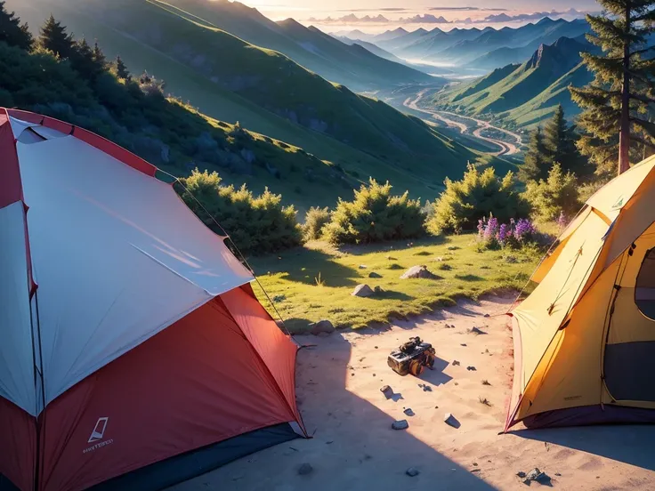 masterpiece, Best Quality, (Highly detailed CG Unity 8K wallpaper), (Best Quality), (Best illustrations),(Pyroxinium Diffusion Style:0.5), Camping on the mountain top，The view below，tent,cloud，Distant mountain range，sunrise，From above，Drone aerial photogra...