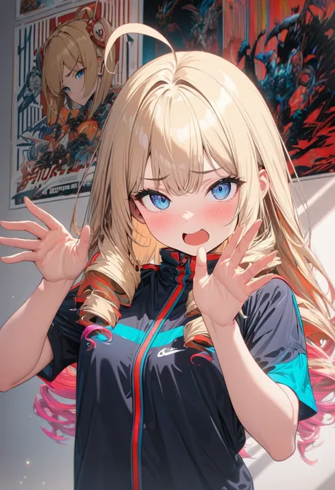 woman,, looking at viewer, Long Hair, Ahoge, blonde, Drill Hair, blue eyes, Slanted Eyes, Panic face, Maroon zippered sportswear, Long-term, Standing, Wave one hand、Panic pose, Upper Body、A room filled with large Japanese anime posters, Speedy Shot, Master...