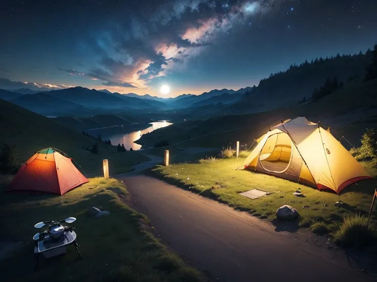 masterpiece, Best Quality, (Highly detailed CG Unity 8K wallpaper), (Best Quality), (Best illustrations),(Pyroxinium Diffusion Style:0.5), night，Camping on the mountain top，The view below，tent,cloud，Distant mountain range，Moonlight，A sky full of stars，From...