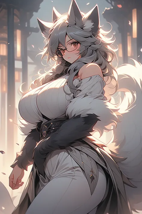 ((best quality)), ((masterpiece)), (detailed), (hypermuscle:1.4), (huge breasts:1.2), (tall:1.2), huge ass, huge thighs, fluffy, perfect anatomy, detailed background, (solo), (gray fur), (female), (wolf kemono:1.5), (detailed), off-shoulder sweater, huge b...