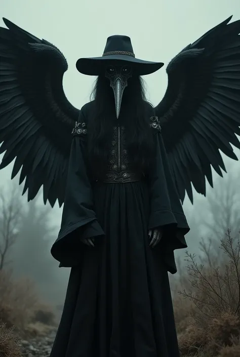 Cleric plague doctor woman with black angel wings and a black hat