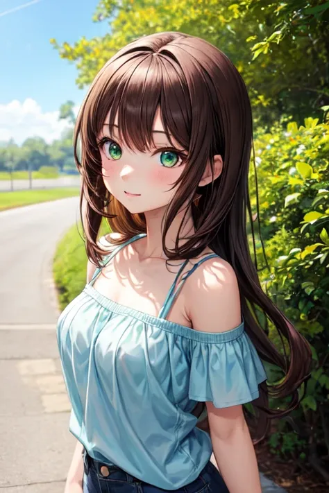 anime girl with middle length brown hair and green eyes
