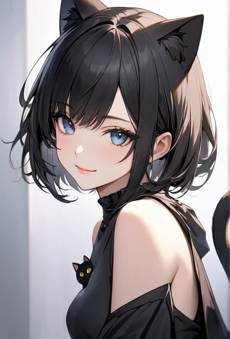 Upper body close-up（((masterpiece), on)""Perfect face, short black hair, beautiful eyes, Japanese, clean facial features, she wears a black cat costume, with black ears and a tail, gazing sharply with alluring eyes. Her smile is slightly seductive but rema...