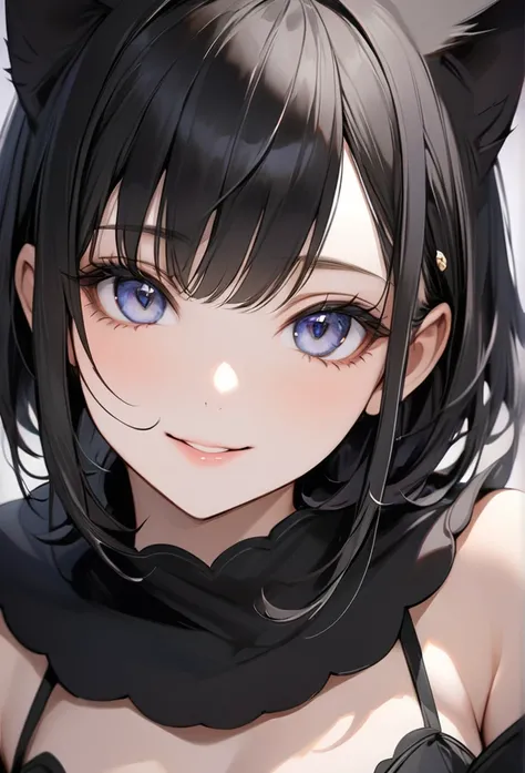 Upper body close-up（((masterpiece), on)""Perfect face, short black hair, beautiful eyes, Japanese, clean facial features, she wears a black cat costume, with black ears and a tail, gazing sharply with alluring eyes. Her smile is slightly seductive but rema...