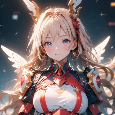 (a bit: 1.2), (masterpiece: 1.4), (Best Quality: 1.4), (She is fused with a Gundam mecha from the future.:1.4), (Very cute angel girl, Ultra detailed face, Jewel-like eyes, White very long hair, Colorful gradient hair: 1.4),Put on head gear, With V fin ,Me...