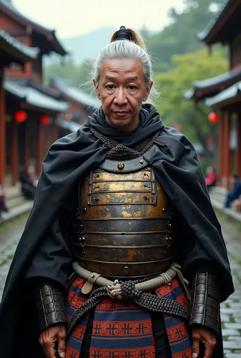 Photo of a Thai man with light gray hair tied in a ponytail, wearing Japanese warrior armor, a black cloak, a fierce look on his face, standing in the middle of Kyoto. 