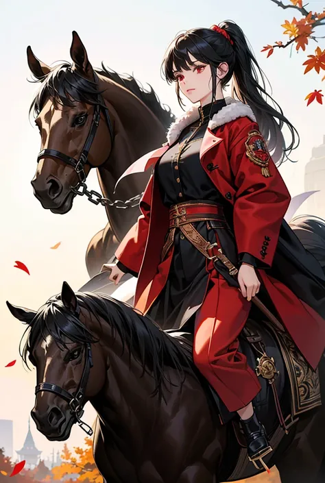 a girl rides a horse through the autumn forest to the river, 1girl, black hair, braided in a high ponytail, red eyes, riding clothes, a black horse with red eyes, Волосы перед ушами, Лучшее качество, Сверхвысокая чёткость, Очень детально, HD-модель, Высоко...