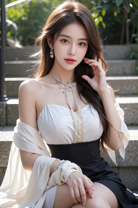 (8K, Best quality masterpiece, Very high:1.2) A photo of a beautiful Japanese girl, Beautiful and charming，With modern and fashionable illustrations., Looking at the audience, ((In the park background)), (1 teenage girl),(Suspender skirt),, Sugar Ribbon, (...