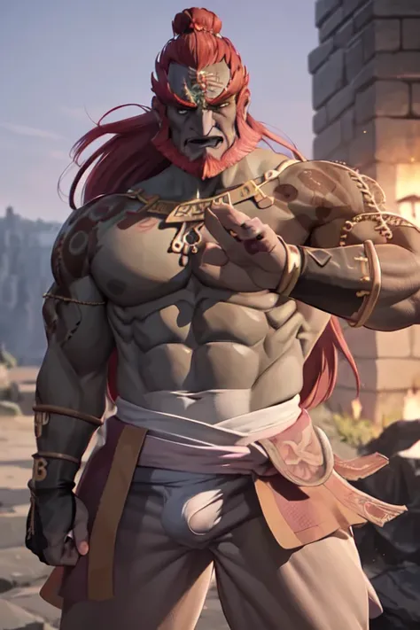 masterpieceThe best quality, Ganondorf, only, Redhead, Long Hair, beard, Red eyes, ((Completely naked)),Thick and strong penis, Muscular, Pectoral muscles, Abdominal muscles, looking at viewer, (Bend your arms), Show off your muscles, Depth of written boun...