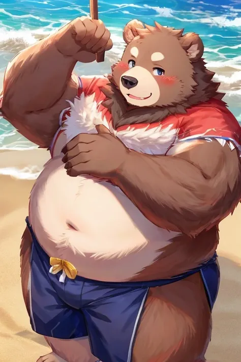 gained weight、being overweight、male bear beastman、fur、fluffy、cute、blush、（beach、sea、sea水浴）(she&#39;s sticking out her ass and sho...