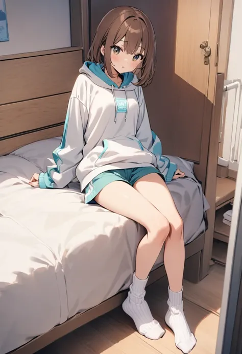 Best Quality.Cute brown haired shut-in girl、room..hoodie.Shorts.White ribbed ankle socks.The length of the socks is the same on both sides.roomでは靴履かない.