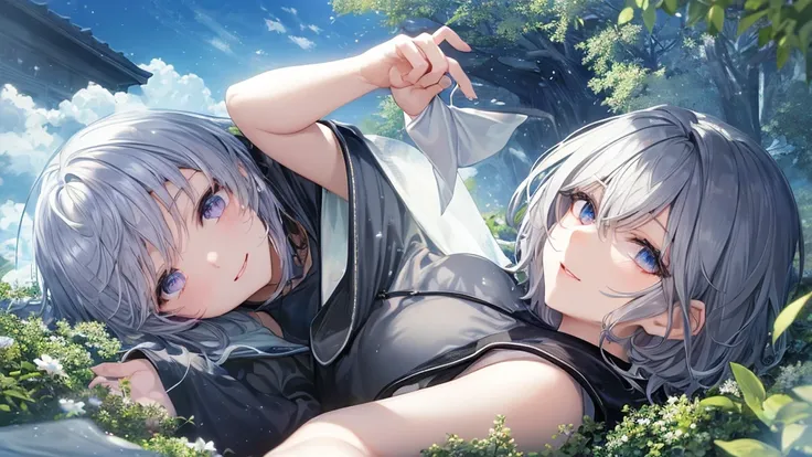 Ultra HD,Look at the viewers, and, 20 years old, 非常にShort Hair, Long bangs between the eyes, Pale blue eyes, Very detailed,(masterpiece、Best Quality),Gray Hair、Laughter、wonderful, Silver Hair, iris, Short Hair、Small face、明るいsmile、(Detailed face) ,Professio...