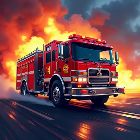 a colorful dynamic Firefighting logo for "Fire Staion 14 ", racing style font, distinctive stunt Fire Truck logo, extreme sports, bold colors, high energy, dynamic composition, artistically rendered, vibrant, striking, visually captivating, professional de...