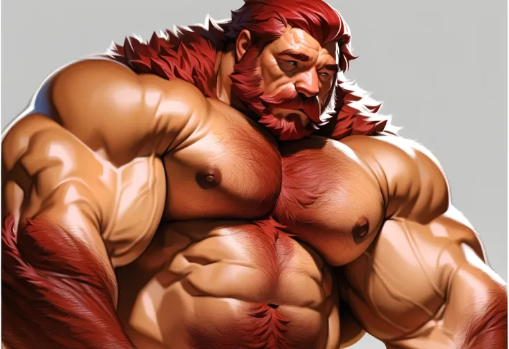 solo, 1boy, Muscular Old man, wide shoulder, pectoral, thick arms, chest hair, arms hair, pubic hair, huge pectoral, wide pectoral, lying on bed, short red hair, jockstrap and shirtless, simple background, masterpiece, semirealistic:1.2, high detailed, 8k,...