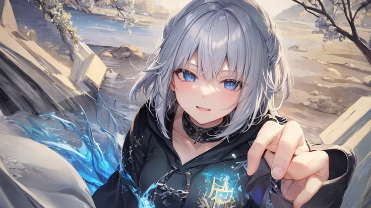 Ultra HD,Look at the viewers, and, 20 years old, 非常にShort Hair, Long bangs between the eyes, Pale blue eyes, Very detailed,(masterpiece、Best Quality),Gray Hair、Laughter、wonderful, Silver Hair, iris, Short Hair、Small face、明るいsmile、(Detailed face) ,Professio...