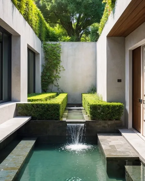 Masterpiece, best composition, best quality, photorealistic, a courtyard surrounded by a white wall, ivy growing on the wall, natural stone is attached to the front wall and water flows down from the top of the wall like a small waterfall, splashing as it ...