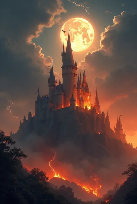 at night, medieval fantasy castle, on fire, caught in the fire of an enemy assault, on top of a hill, full moon, stormy sky with lightning and thunder, photorealistic, masterpiece, ultra high quality, 8K, sharp focus