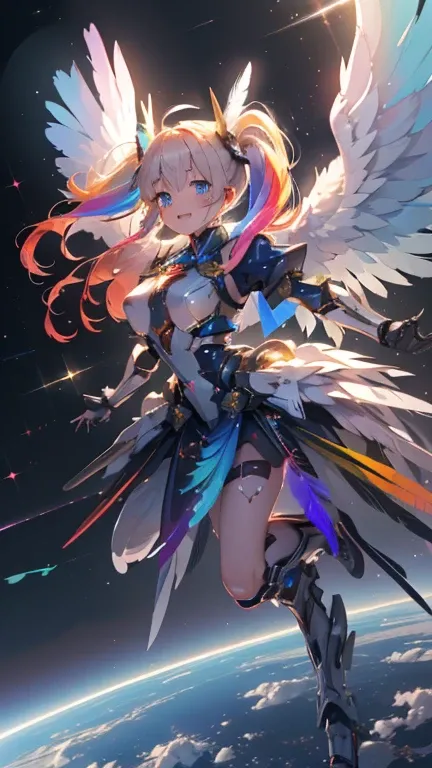 (a bit: 1.2), (masterpiece: 1.4), (Best Quality: 1.4), (She is fused with a Gundam mecha from the future.:1.4), (Very cute angel girl, Ultra detailed face, Jewel-like eyes, White very long hair, Colorful gradient hair: 1.4),Put on head gear, With V-fin ,Me...